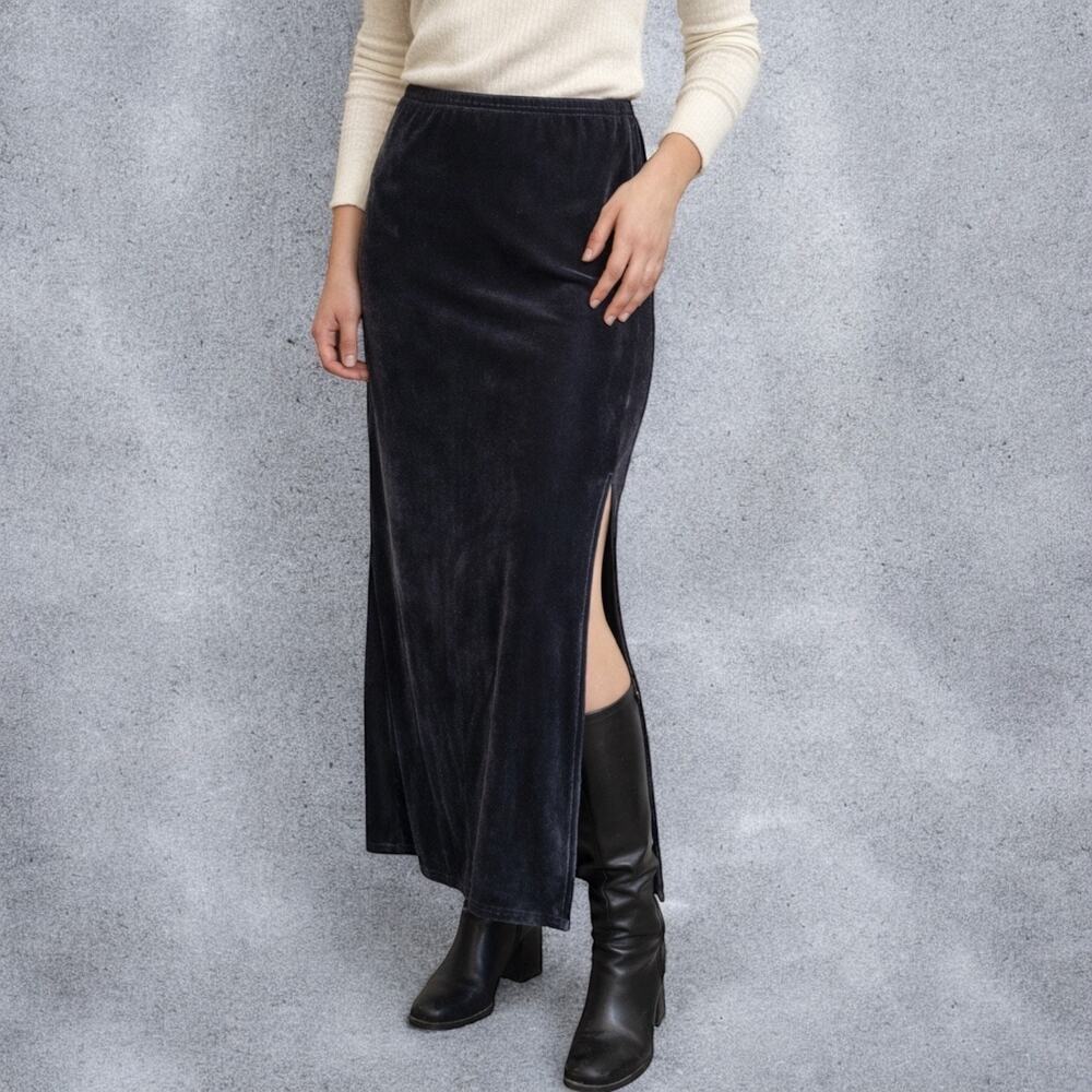 Vintage 90s Blue Gray Velvet Side Slit Maxi Skirt Medium